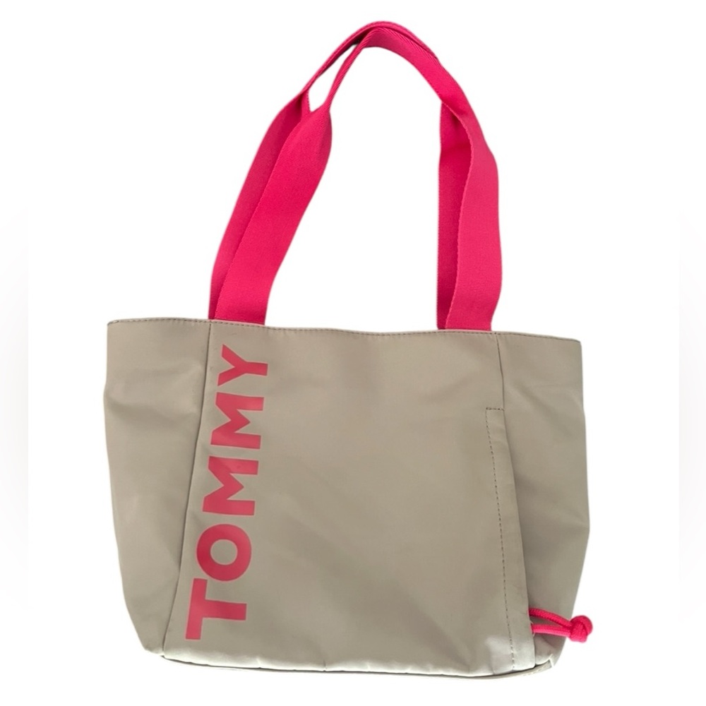 Tommy Hilfiger Tote Bag Womens Medium Beige Nylon Pink Straps Logo Zip Travel